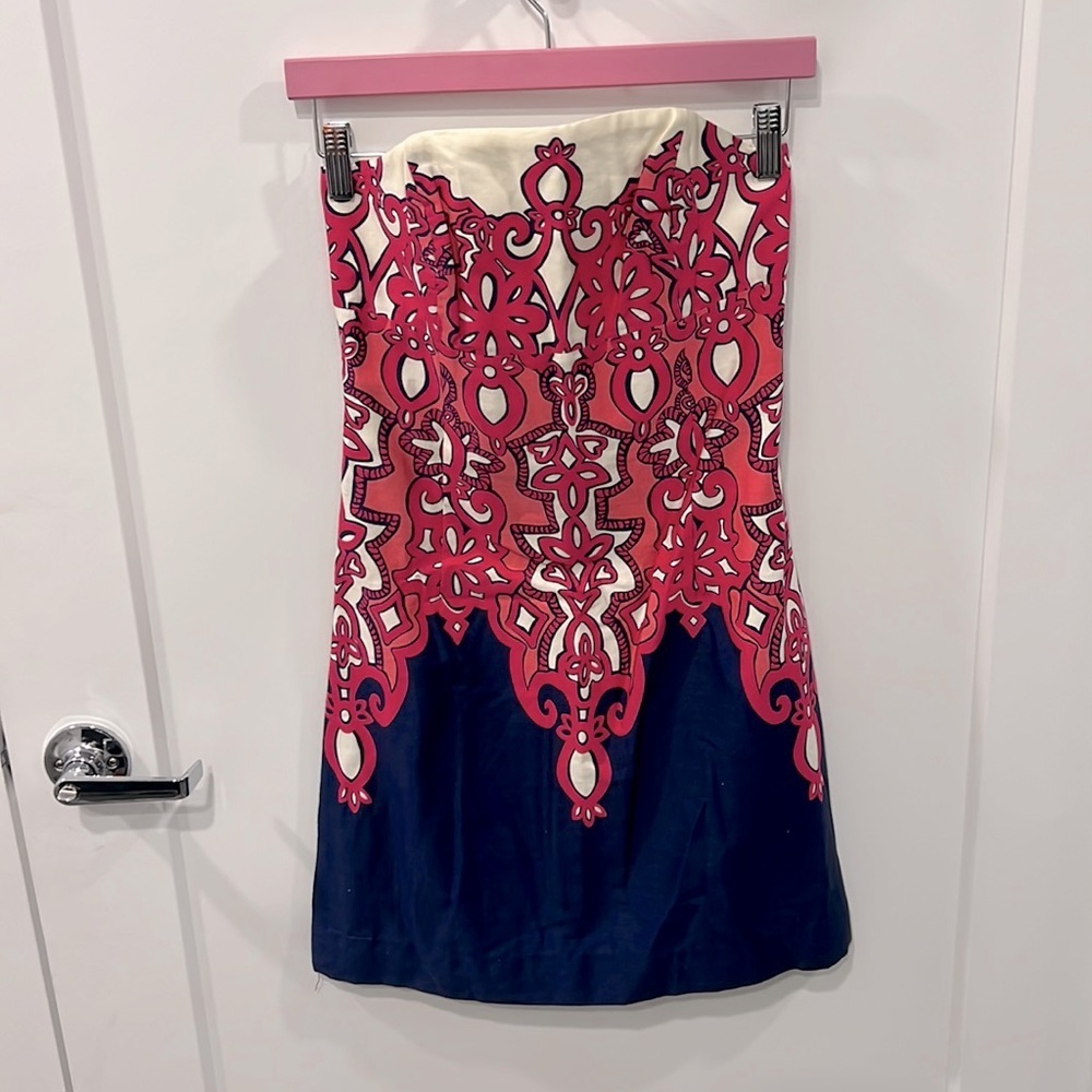Vintage Lilly Pulitzer Strapless Cocktail Dress | Size 2 | Timeless Pink/Blue